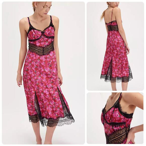 For Love & Lemons NWT Bellamy Floral Lace Slip Midi Dress Pink Black Size Small - Picture 1 of 9